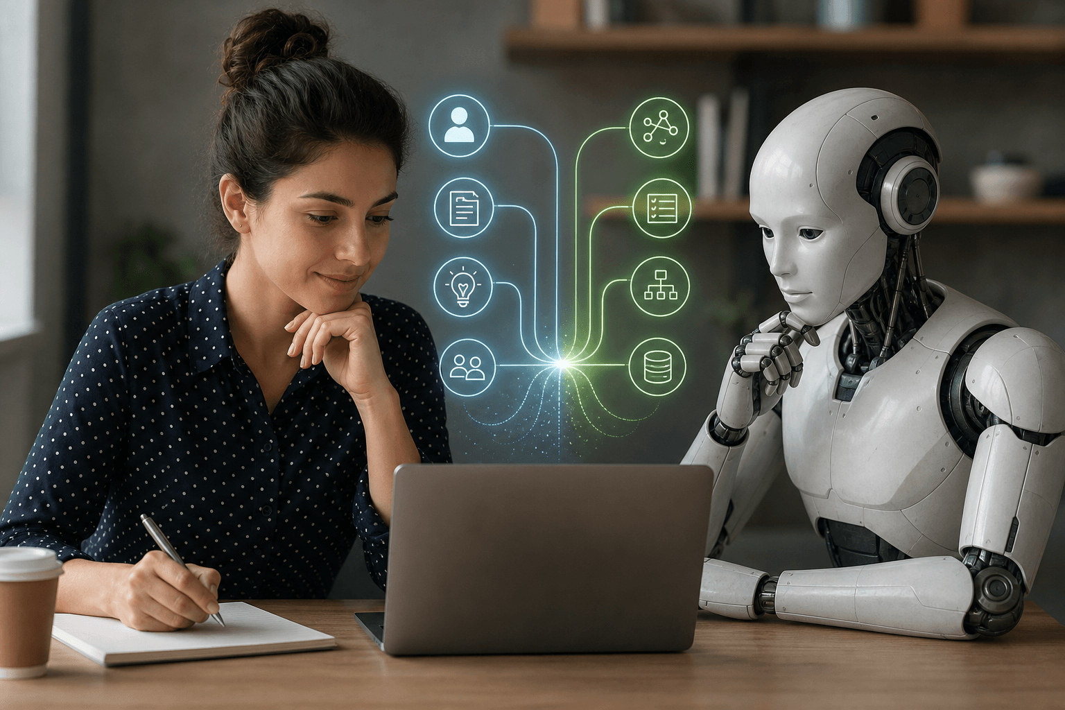 balanced human and robot reading the content in the laptop