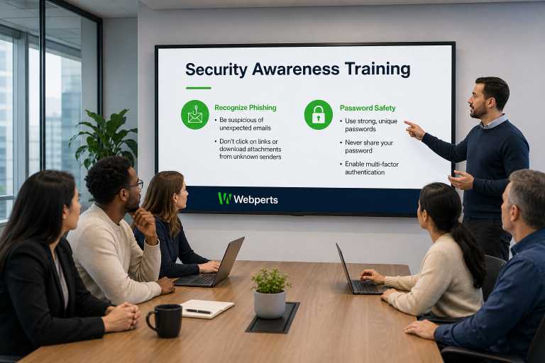 Business cybersecurity training session with employees learning about security policies