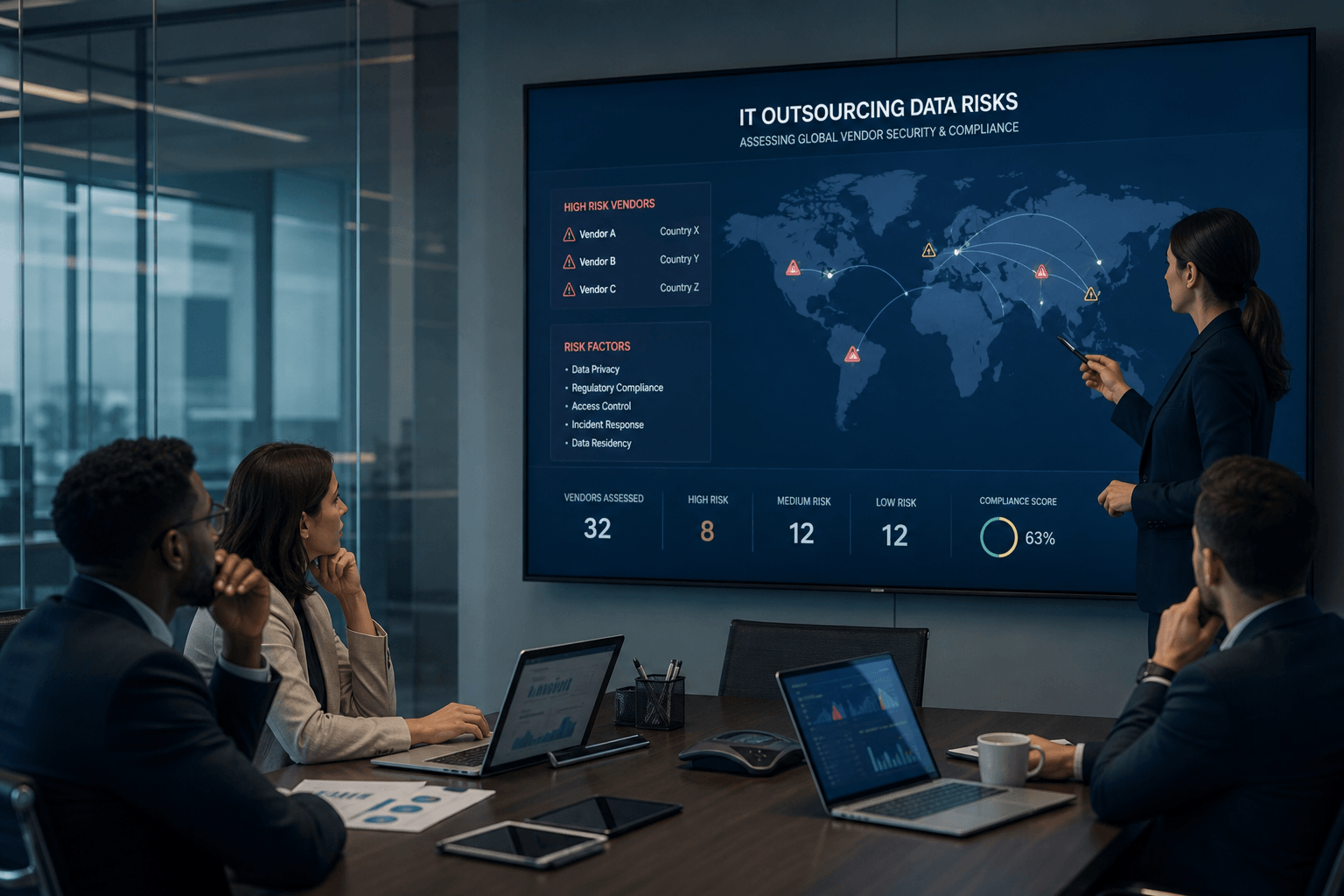 Business cybersecurity team assessing IT outsourcing data risks