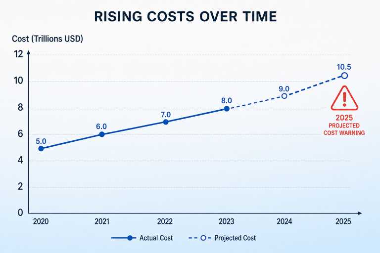Cybersecurity statistics chart showing global cybercrime costs reaching 10.5 trillion by 2025