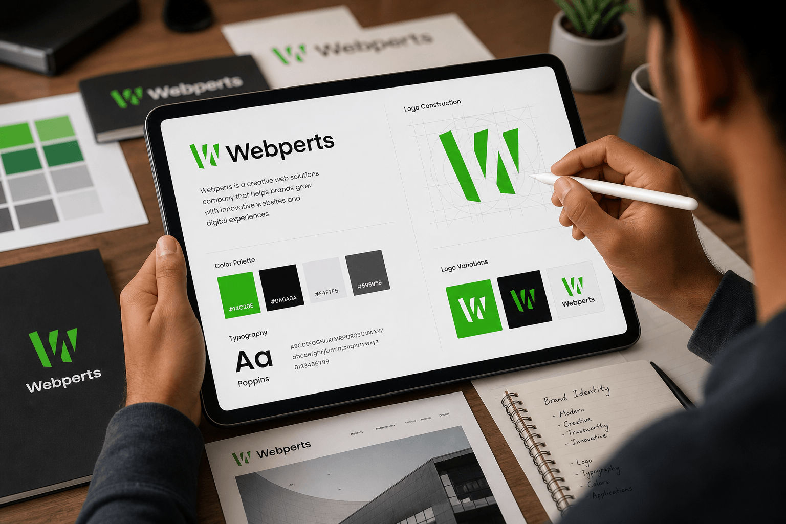Brand identity designer creating visual identity with color palette typography and logo design mockups on digital tablet