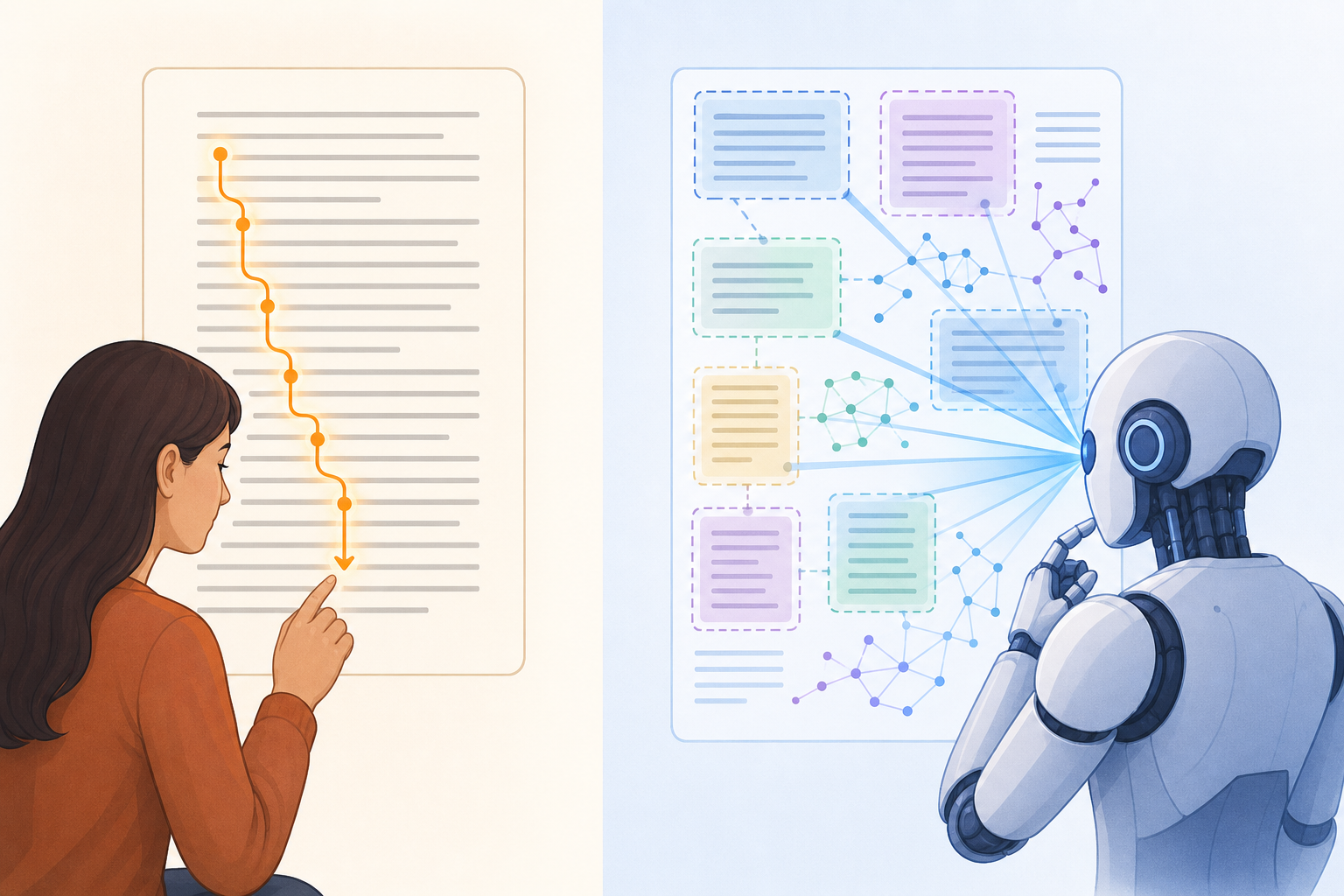 Diagram showing how humans read content linearly while AI systems chunk and scan for patterns