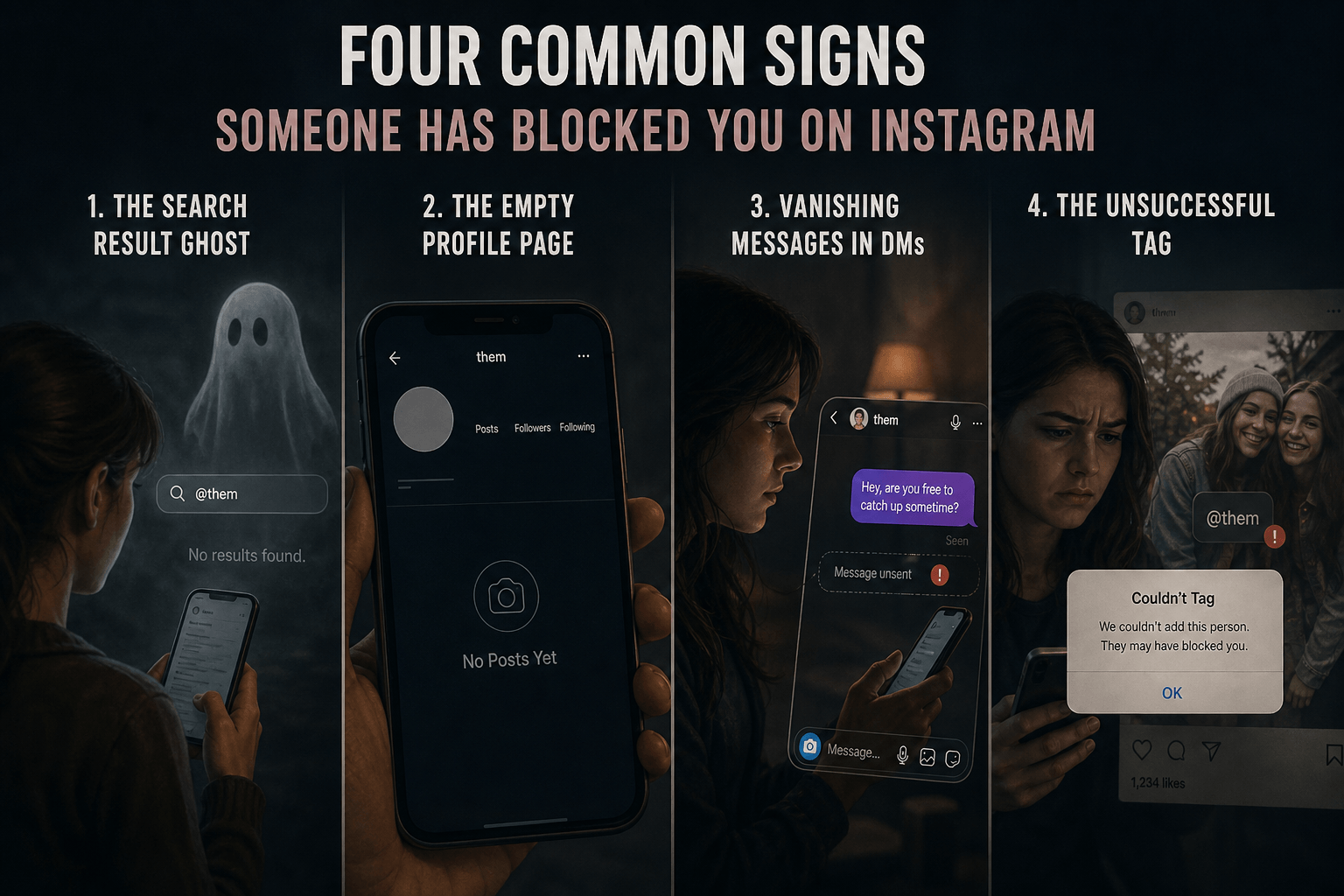 Four common signs someone has blocked you on Instagram: missing search results, blank profile, vanishing DMs, and failed tags