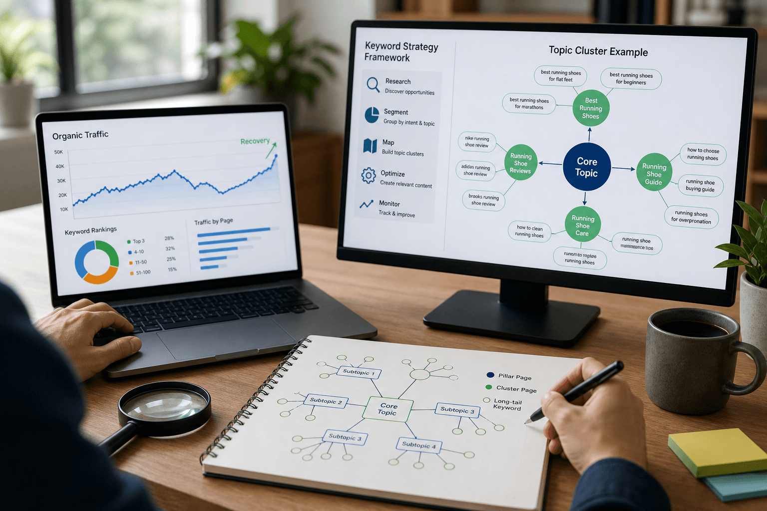 Keyword strategy services for organic traffic recovery including long-tail keywords and topic clusters