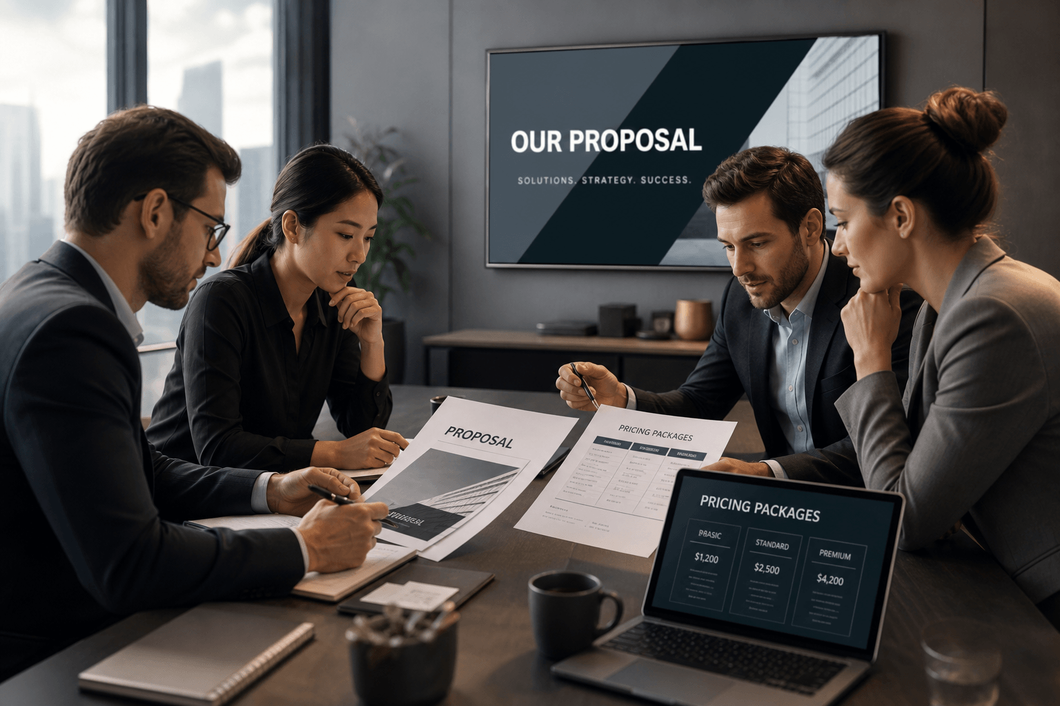 Professional team reviewing proposal documents and pricing packages