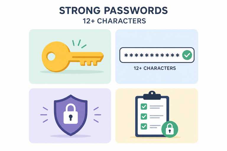 Best practices for personal cybersecurity showing strong password and backup icons