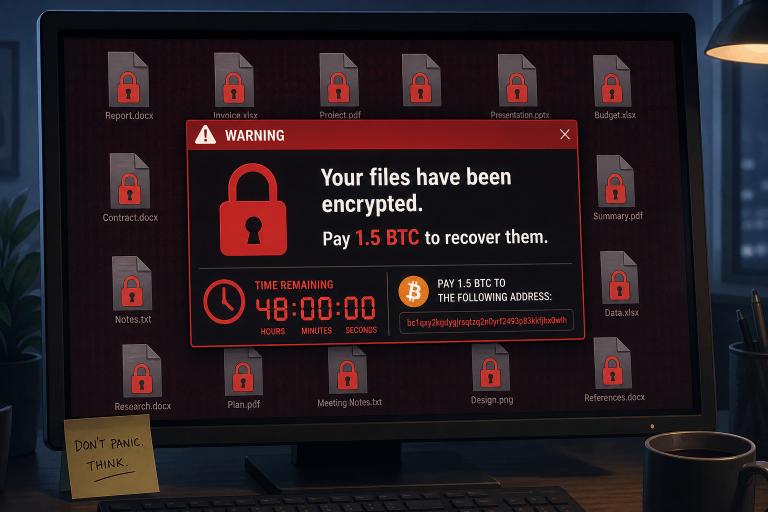 Ransomware attack warning showing encrypted files and ransom demand