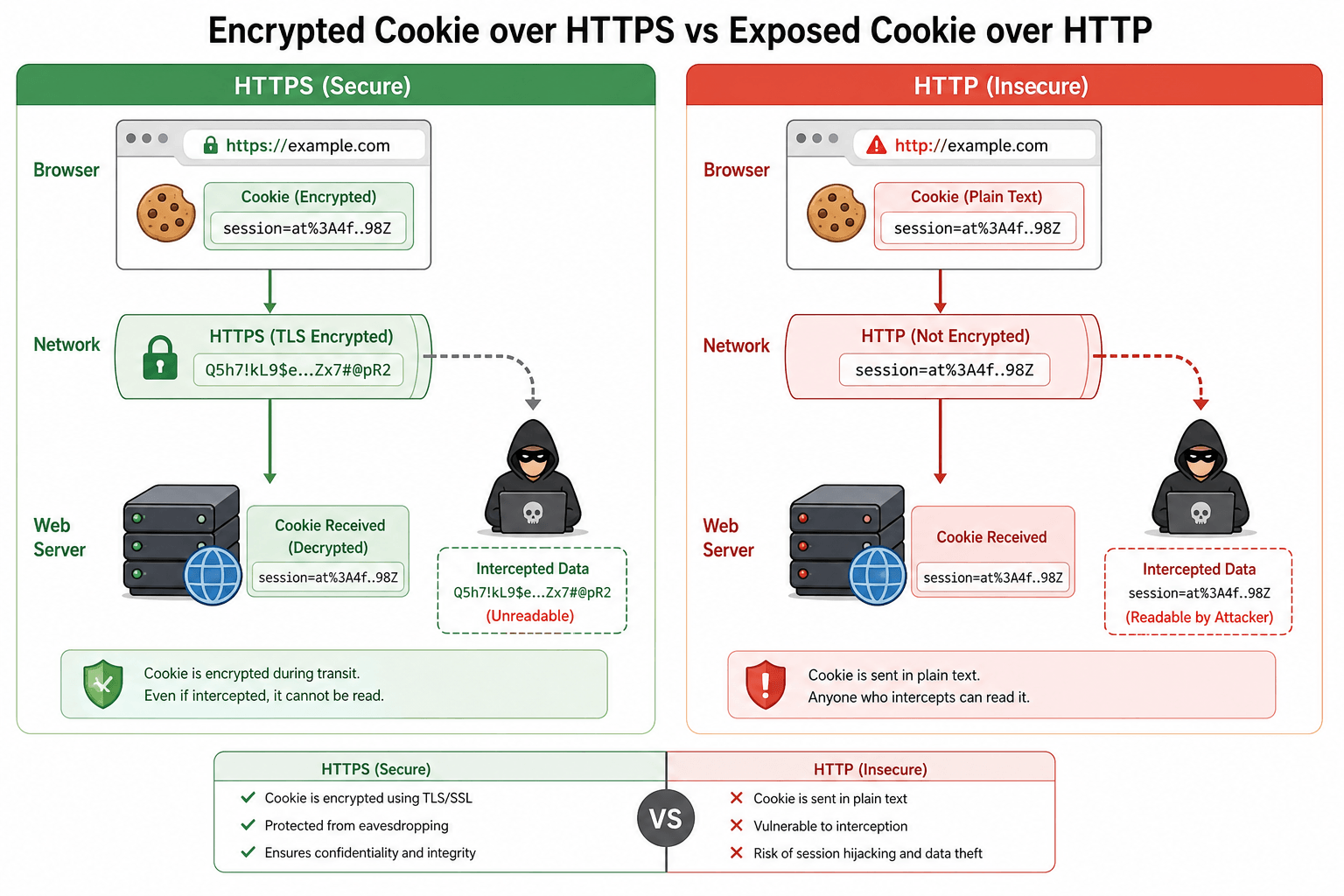 Comparison of encrypted cookie over HTTPS versus exposed cookie over HTTP connection