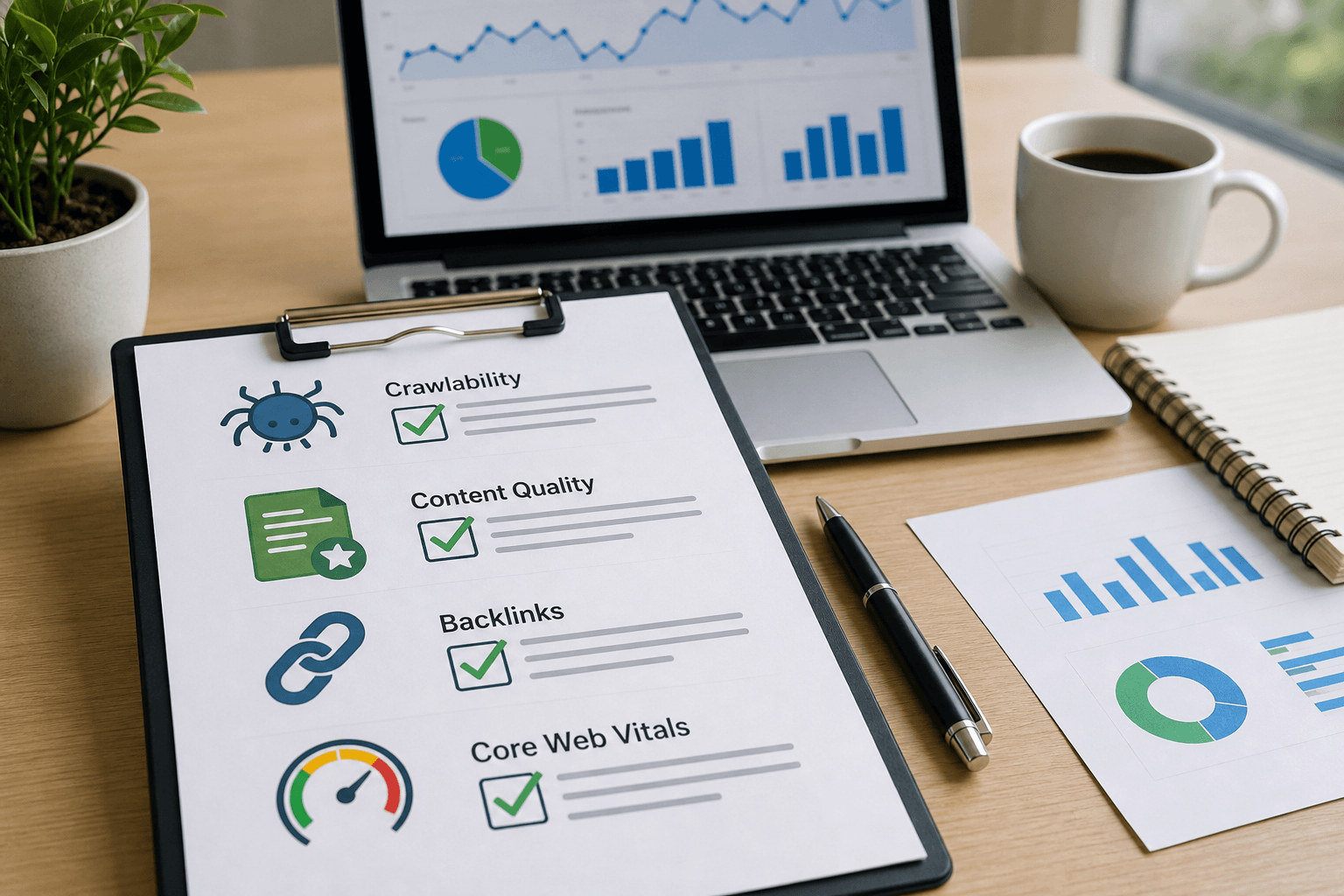 SEO Audit checklist covering crawlability, content quality, backlinks, and Core Web Vitals