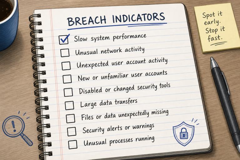 Signs of a cybersecurity breach checklist including slow performance and unauthorized access