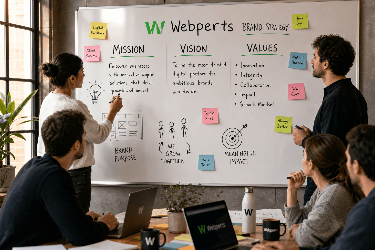 Creative team brainstorming brand strategy around a whiteboard with mission vision values written