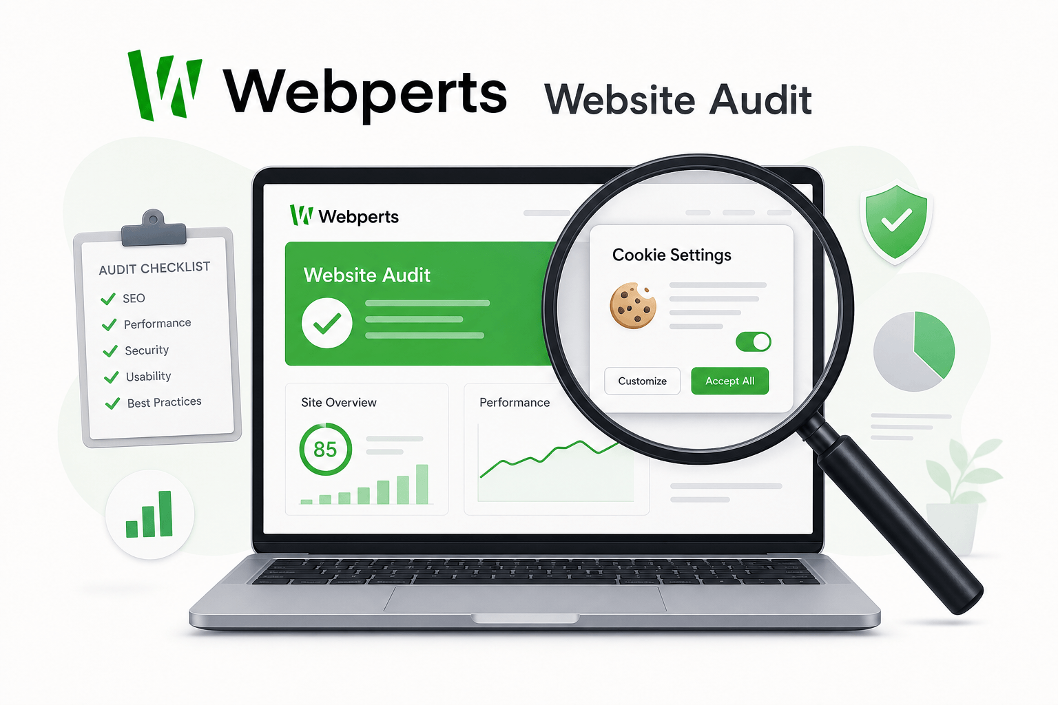 Webperts website audit illustration with magnifying glass over cookie settings on a laptop