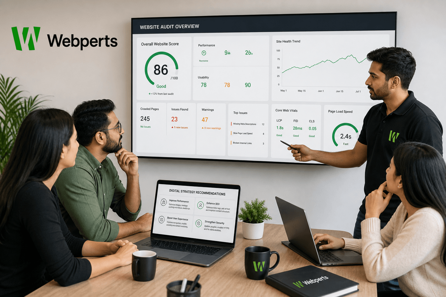 Webperts team conducting website audit with analytics and performance review